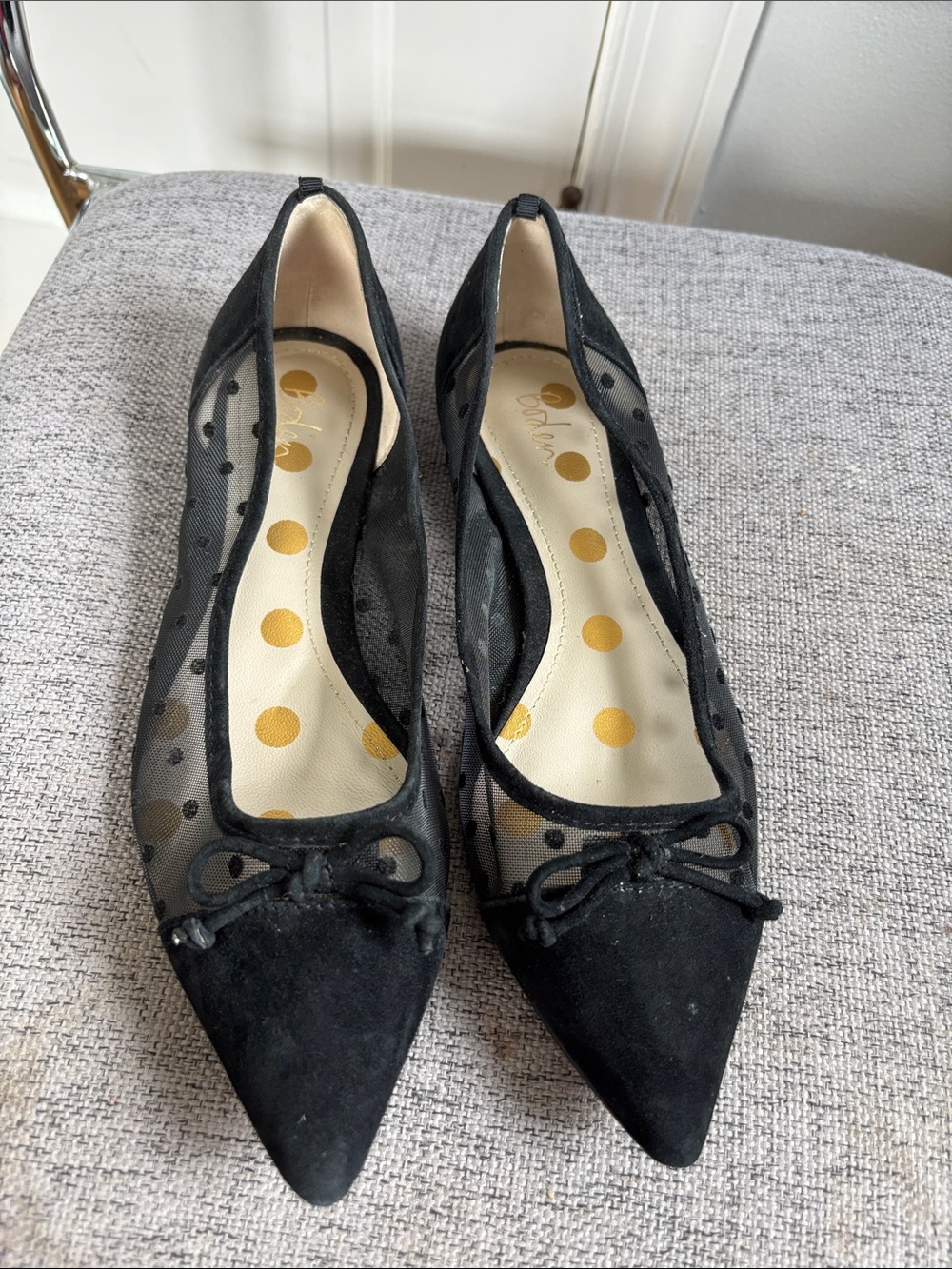 Boden Black Suede & Mesh Polka Dot Pointed Toe Bow Ballet Flats - Women's Size 8
